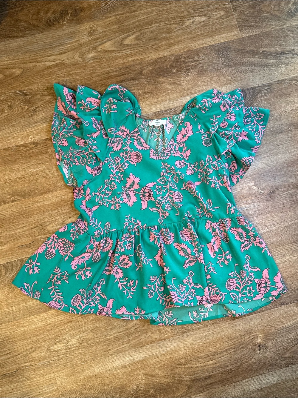 entro Teal Top with Pink Floral Motif